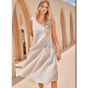 Lintico 100% Linen Giana Swing Beach Tank Dress Natural Melange Lagenlook Boho M